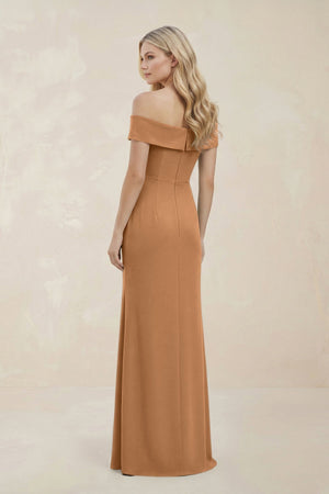 Off - the - Shoulder Satin Sheath Bridesmaid Dress With Slit in Bronzer - KISS BRIDAL Bridesmaid Dresses