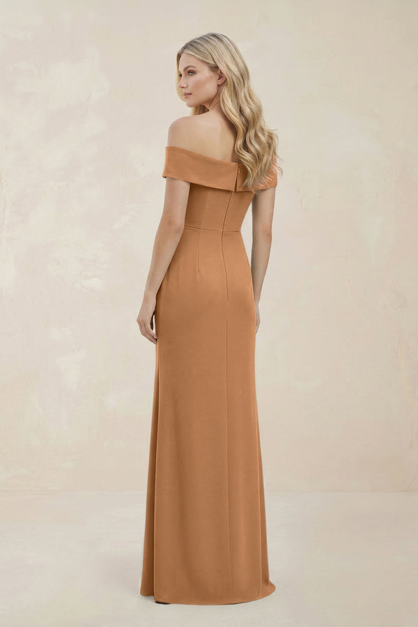 Off - the - Shoulder Satin Sheath Bridesmaid Dress With Slit in Bronzer - KISS BRIDAL Bridesmaid Dresses