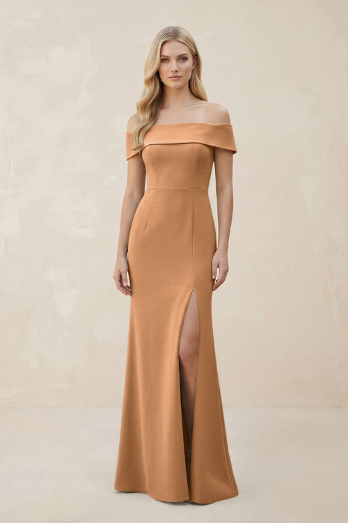 Off - the - Shoulder Satin Sheath Bridesmaid Dress With Slit in Bronzer - KISS BRIDAL Bridesmaid Dresses