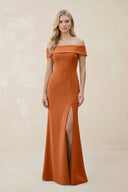 Off - the - Shoulder Satin Sheath Bridesmaid Dress With Slit in Brown - KISS BRIDAL Bridesmaid Dresses