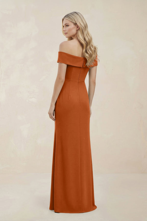 Off - the - Shoulder Satin Sheath Bridesmaid Dress With Slit in Brown - KISS BRIDAL Bridesmaid Dresses