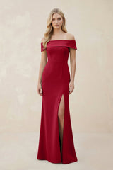 Off - the - Shoulder Satin Sheath Bridesmaid Dress With Slit in Burgundy - KISS BRIDAL Bridesmaid Dresses
