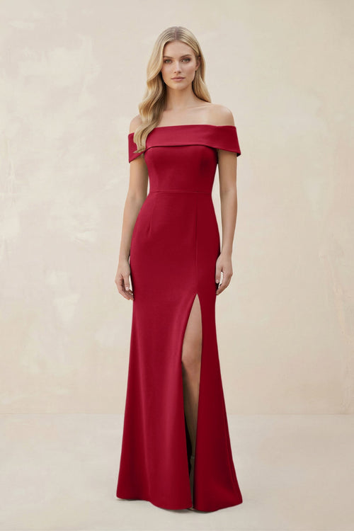 Off - the - Shoulder Satin Sheath Bridesmaid Dress With Slit in Burgundy - KISS BRIDAL Bridesmaid Dresses