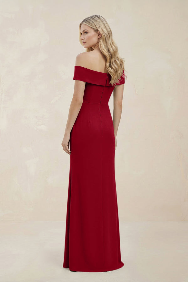 Off - the - Shoulder Satin Sheath Bridesmaid Dress With Slit in Burgundy - KISS BRIDAL Bridesmaid Dresses