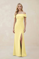 Off - the - Shoulder Satin Sheath Bridesmaid Dress With Slit in Buttercup - KISS BRIDAL Bridesmaid Dresses