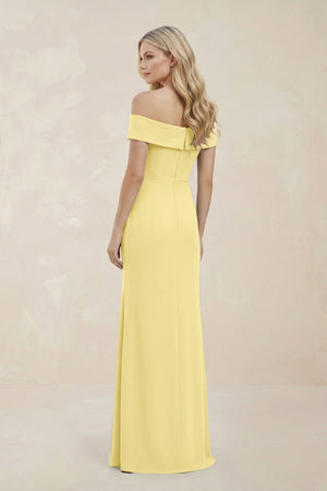Off - the - Shoulder Satin Sheath Bridesmaid Dress With Slit in Buttercup - KISS BRIDAL Bridesmaid Dresses