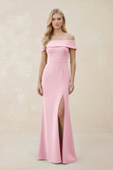 Off - the - Shoulder Satin Sheath Bridesmaid Dress With Slit in Candy Pink - KISS BRIDAL Bridesmaid Dresses