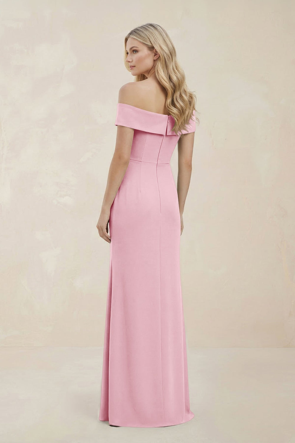 Off - the - Shoulder Satin Sheath Bridesmaid Dress With Slit in Candy Pink - SHE IS ME Bridesmaid Dresses
