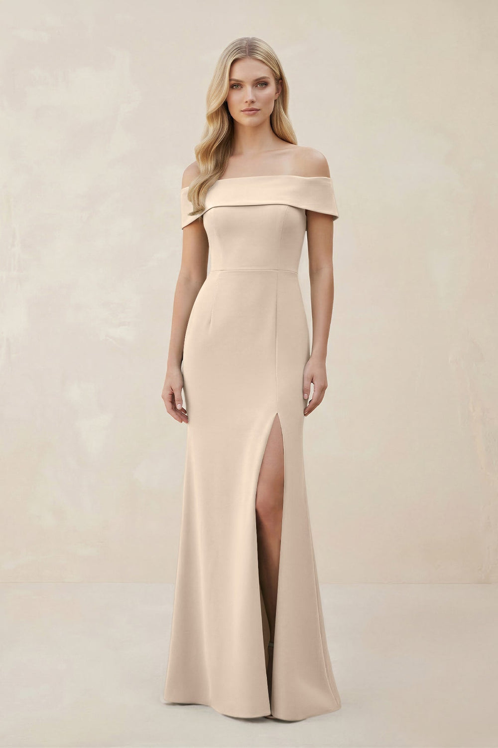 Off - the - Shoulder Satin Sheath Bridesmaid Dress With Slit in Champagne - SHE IS ME Bridesmaid Dresses
