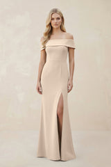 Off - the - Shoulder Satin Sheath Bridesmaid Dress With Slit in Champagne - KISS BRIDAL Bridesmaid Dresses