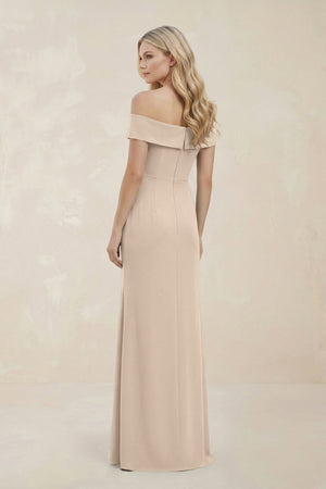 Off - the - Shoulder Satin Sheath Bridesmaid Dress With Slit in Champagne - KISS BRIDAL Bridesmaid Dresses