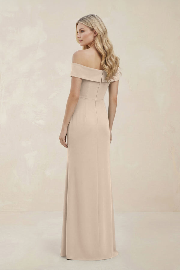 Off - the - Shoulder Satin Sheath Bridesmaid Dress With Slit in Champagne - KISS BRIDAL Bridesmaid Dresses