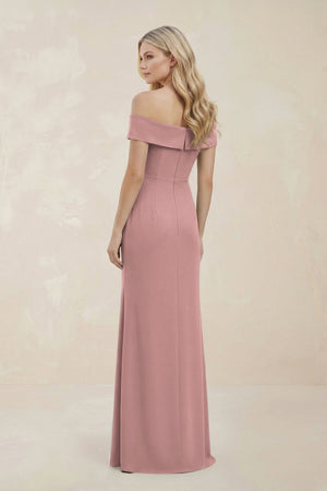 Off - the - Shoulder Satin Sheath Bridesmaid Dress With Slit in Champagne Rose - SHE IS ME Bridesmaid Dresses