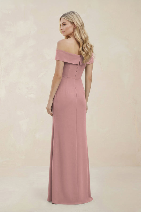Off - the - Shoulder Satin Sheath Bridesmaid Dress With Slit in Champagne Rose - SHE IS ME Bridesmaid Dresses