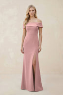 Off - the - Shoulder Satin Sheath Bridesmaid Dress With Slit in Champagne Rose - SHE IS ME Bridesmaid Dresses