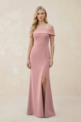 Off - the - Shoulder Satin Sheath Bridesmaid Dress With Slit in Champagne Rose - KISS BRIDAL Bridesmaid Dresses