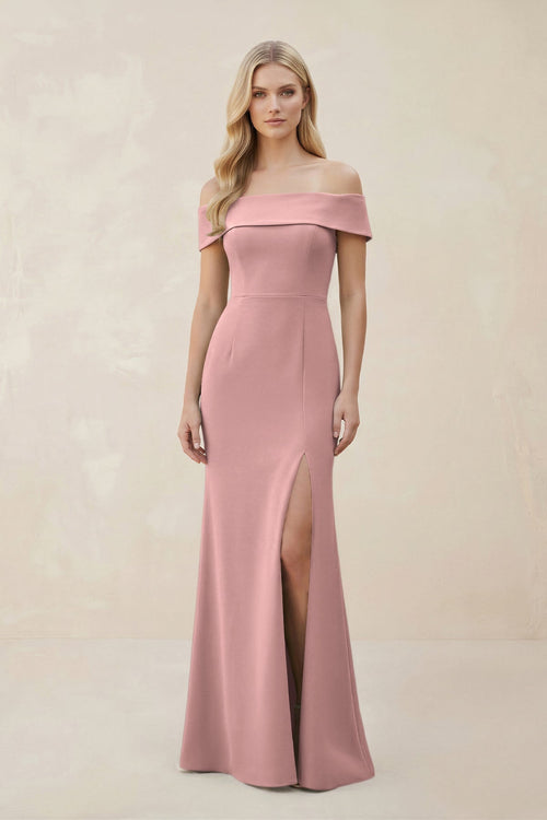 Off - the - Shoulder Satin Sheath Bridesmaid Dress With Slit in Champagne Rose - SHE IS ME Bridesmaid Dresses