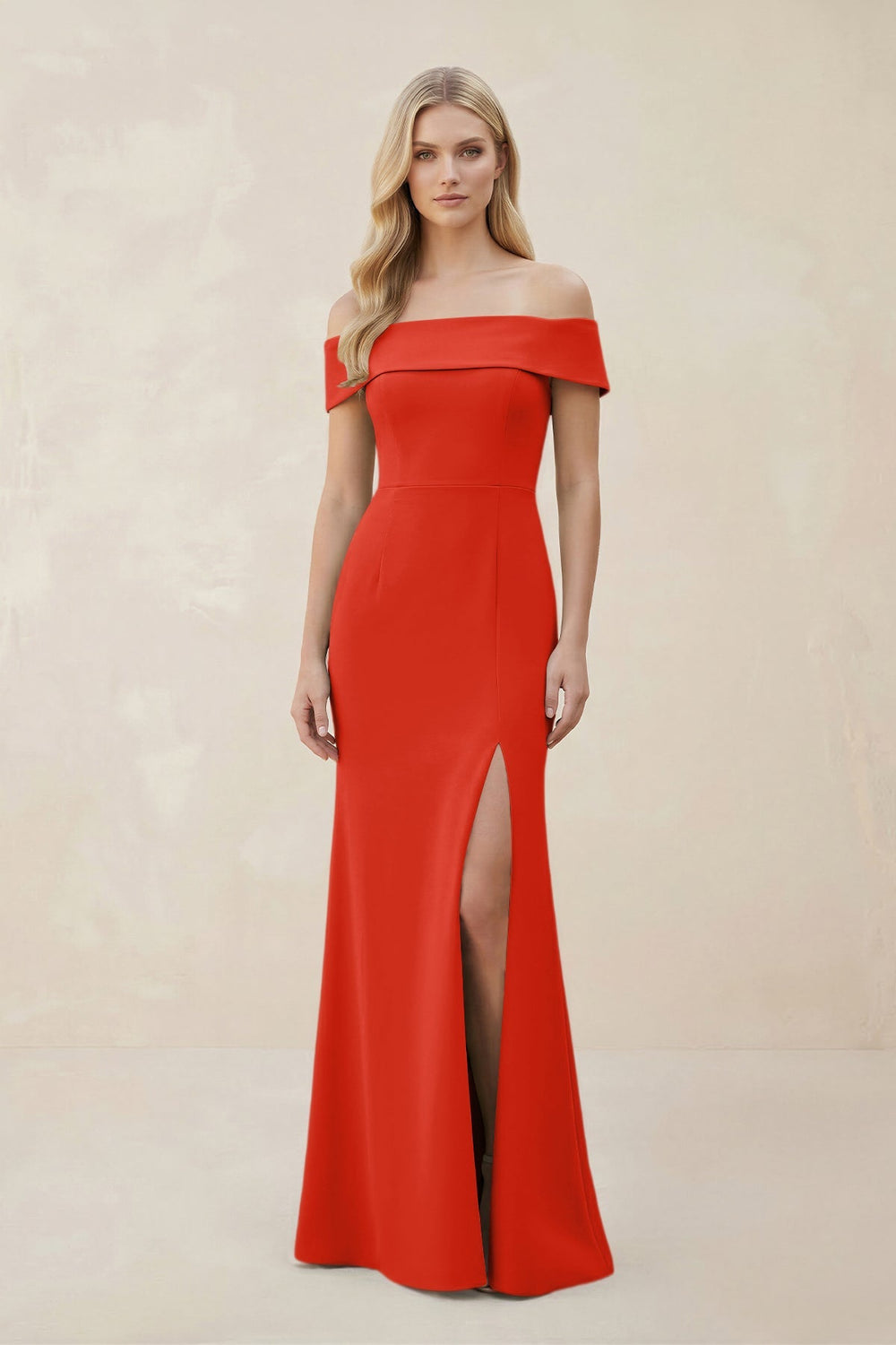 Off - the - Shoulder Satin Sheath Bridesmaid Dress With Slit in Cinnamon - SHE IS ME Bridesmaid Dresses