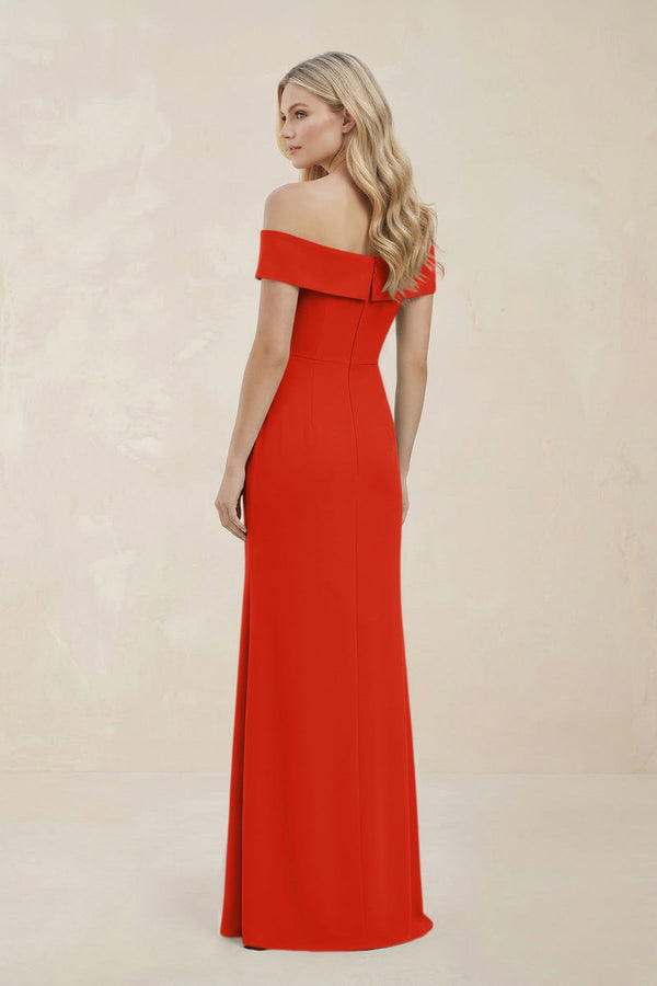 Off - the - Shoulder Satin Sheath Bridesmaid Dress With Slit in Cinnamon - KISS BRIDAL Bridesmaid Dresses