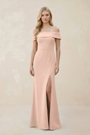 Off - the - Shoulder Satin Sheath Bridesmaid Dress With Slit in Coral Pink - KISS BRIDAL Bridesmaid Dresses