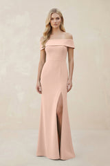 Off - the - Shoulder Satin Sheath Bridesmaid Dress With Slit in Coral Pink - KISS BRIDAL Bridesmaid Dresses