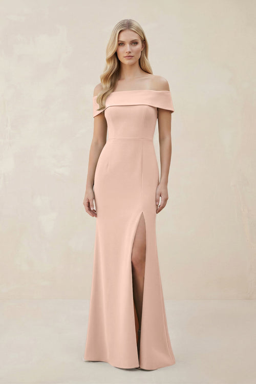 Off - the - Shoulder Satin Sheath Bridesmaid Dress With Slit in Coral Pink - KISS BRIDAL Bridesmaid Dresses