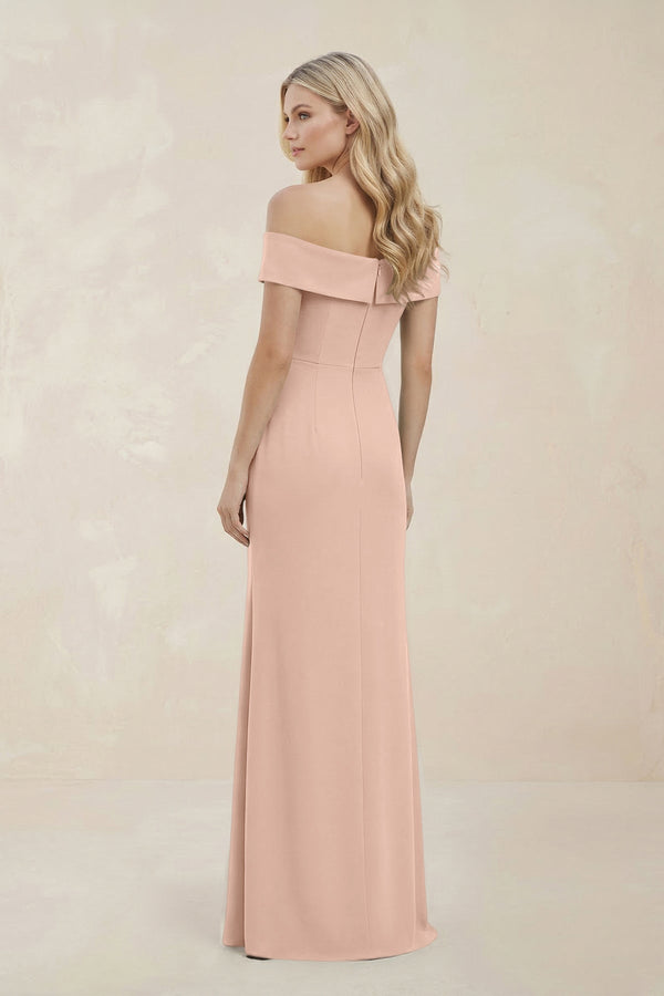 Off - the - Shoulder Satin Sheath Bridesmaid Dress With Slit in Coral Pink - KISS BRIDAL Bridesmaid Dresses