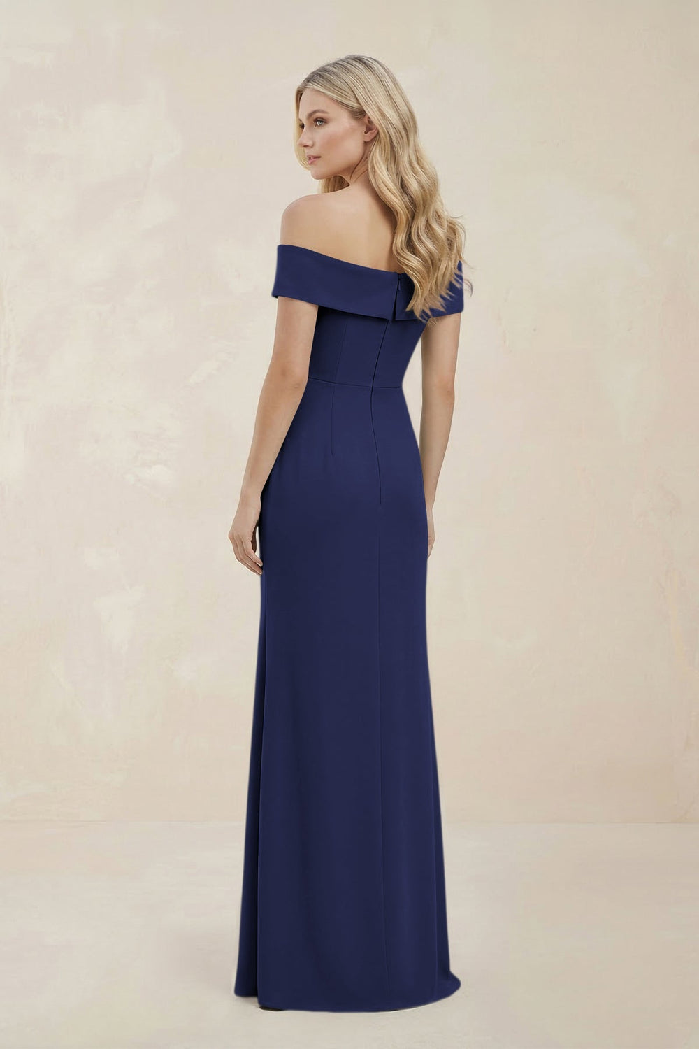 Off - the - Shoulder Satin Sheath Bridesmaid Dress With Slit in Dark Navy - SHE IS ME Bridesmaid Dresses