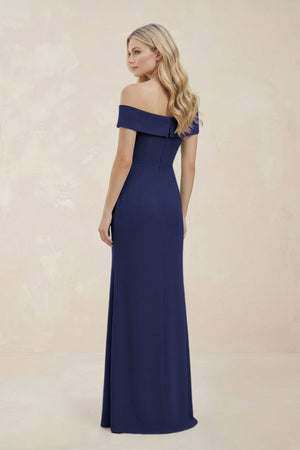 Off - the - Shoulder Satin Sheath Bridesmaid Dress With Slit in Dark Navy - KISS BRIDAL Bridesmaid Dresses