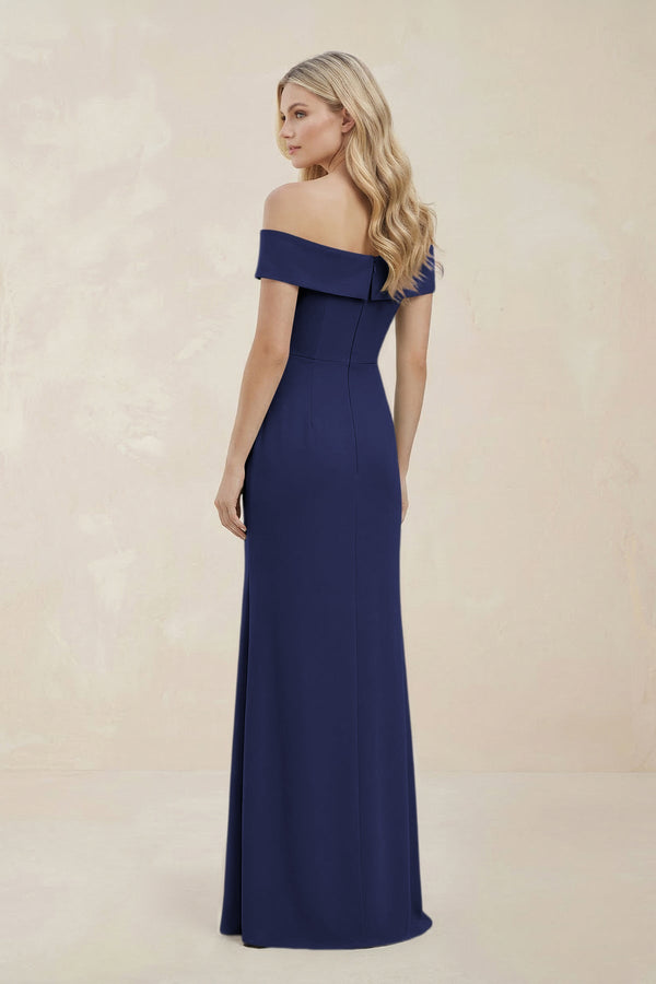 Off - the - Shoulder Satin Sheath Bridesmaid Dress With Slit in Dark Navy - KISS BRIDAL Bridesmaid Dresses