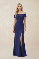 Off - the - Shoulder Satin Sheath Bridesmaid Dress With Slit in Dark Navy - KISS BRIDAL Bridesmaid Dresses