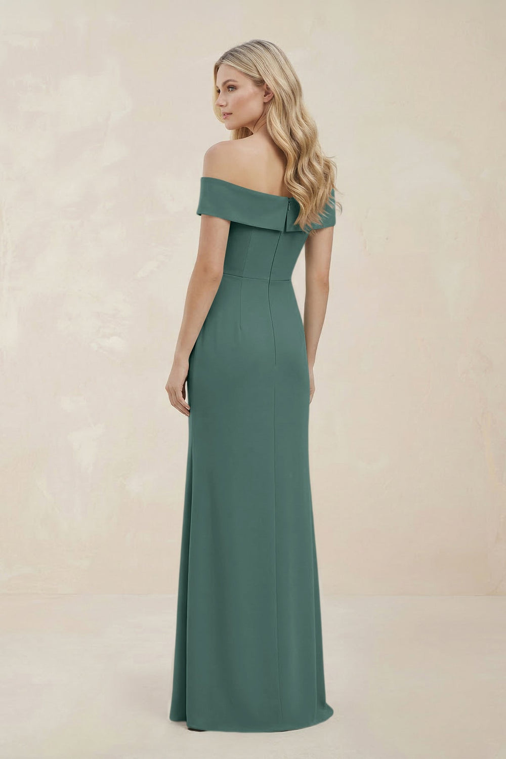 Off - the - Shoulder Satin Sheath Bridesmaid Dress With Slit in Dark Teal - SHE IS ME Bridesmaid Dresses