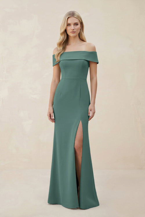 Off - the - Shoulder Satin Sheath Bridesmaid Dress With Slit in Dark Teal - KISS BRIDAL Bridesmaid Dresses