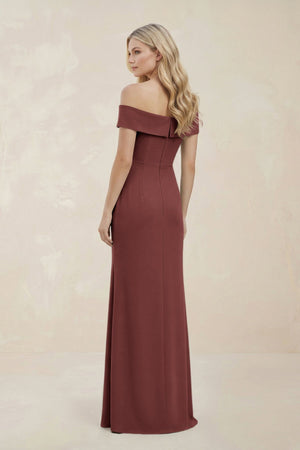 Off - the - Shoulder Satin Sheath Bridesmaid Dress With Slit in Desert Rose - SHE IS ME Bridesmaid Dresses