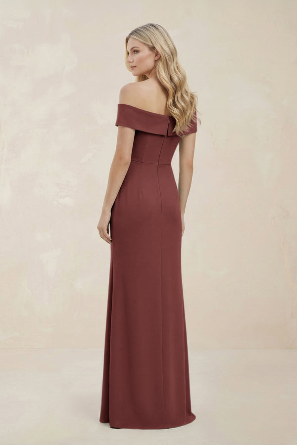 Off - the - Shoulder Satin Sheath Bridesmaid Dress With Slit in Desert Rose - SHE IS ME Bridesmaid Dresses