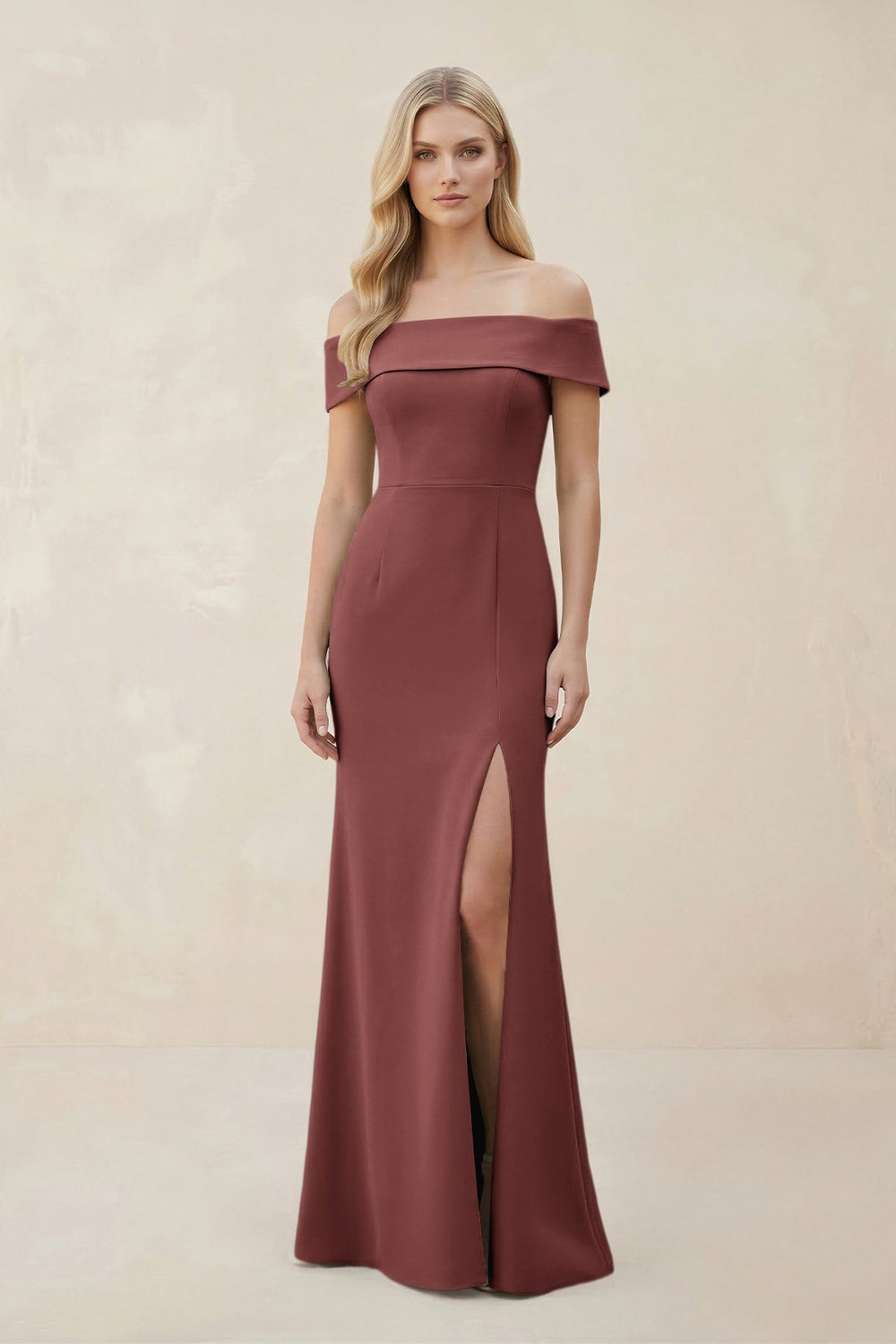 Off - the - Shoulder Satin Sheath Bridesmaid Dress With Slit in Desert Rose - SHE IS ME Bridesmaid Dresses