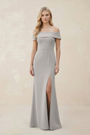 Off - the - Shoulder Satin Sheath Bridesmaid Dress With Slit in Dove Gray - KISS BRIDAL Bridesmaid Dresses