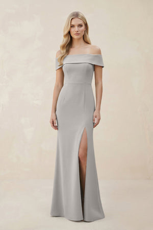 Off - the - Shoulder Satin Sheath Bridesmaid Dress With Slit in Dove Gray - KISS BRIDAL Bridesmaid Dresses