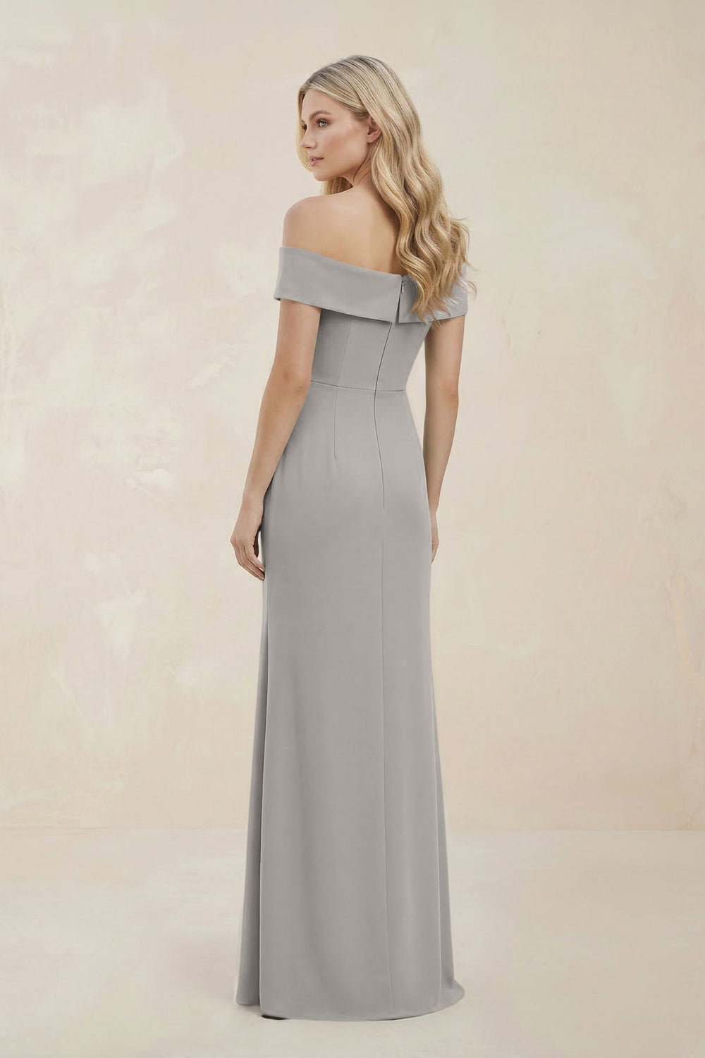 Off - the - Shoulder Satin Sheath Bridesmaid Dress With Slit in Dove Gray - SHE IS ME Bridesmaid Dresses