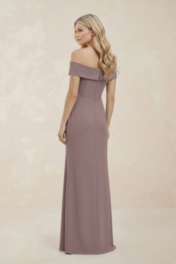 Off - the - Shoulder Satin Sheath Bridesmaid Dress With Slit in Dusk - KISS BRIDAL Bridesmaid Dresses