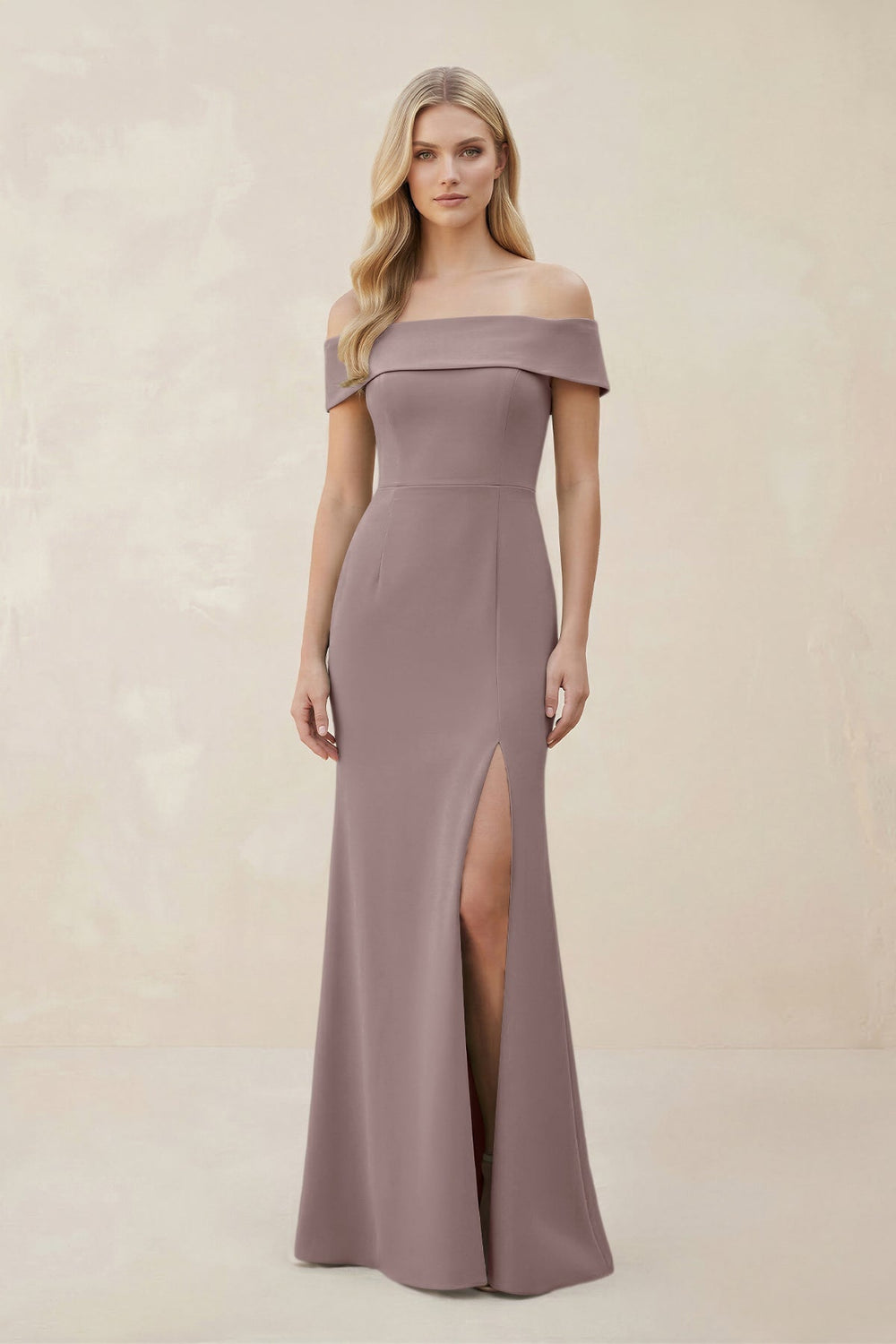 Off - the - Shoulder Satin Sheath Bridesmaid Dress With Slit in Dusk - SHE IS ME Bridesmaid Dresses