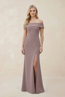 Off - the - Shoulder Satin Sheath Bridesmaid Dress With Slit in Dusk - KISS BRIDAL Bridesmaid Dresses