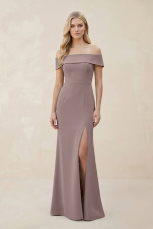 Off - the - Shoulder Satin Sheath Bridesmaid Dress With Slit in Dusk - KISS BRIDAL Bridesmaid Dresses