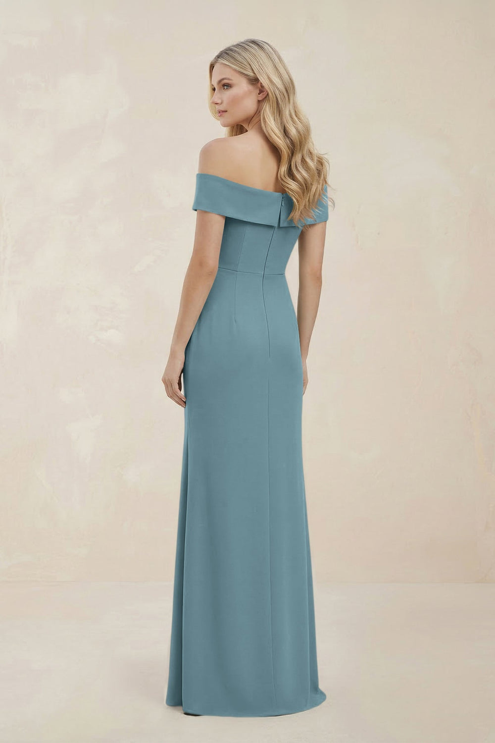 Off - the - Shoulder Satin Sheath Bridesmaid Dress With Slit in Dusty Blue - KISS BRIDAL Bridesmaid Dresses