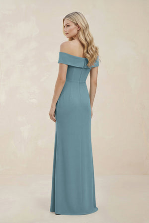 Off - the - Shoulder Satin Sheath Bridesmaid Dress With Slit in Dusty Blue - KISS BRIDAL Bridesmaid Dresses