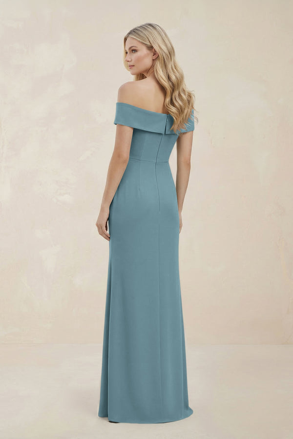 Off - the - Shoulder Satin Sheath Bridesmaid Dress With Slit in Dusty Blue - KISS BRIDAL Bridesmaid Dresses