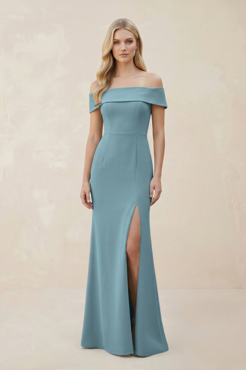 Off - the - Shoulder Satin Sheath Bridesmaid Dress With Slit in Dusty Blue - KISS BRIDAL Bridesmaid Dresses