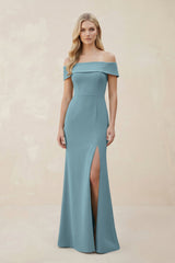 Off - the - Shoulder Satin Sheath Bridesmaid Dress With Slit in Dusty Blue - KISS BRIDAL Bridesmaid Dresses