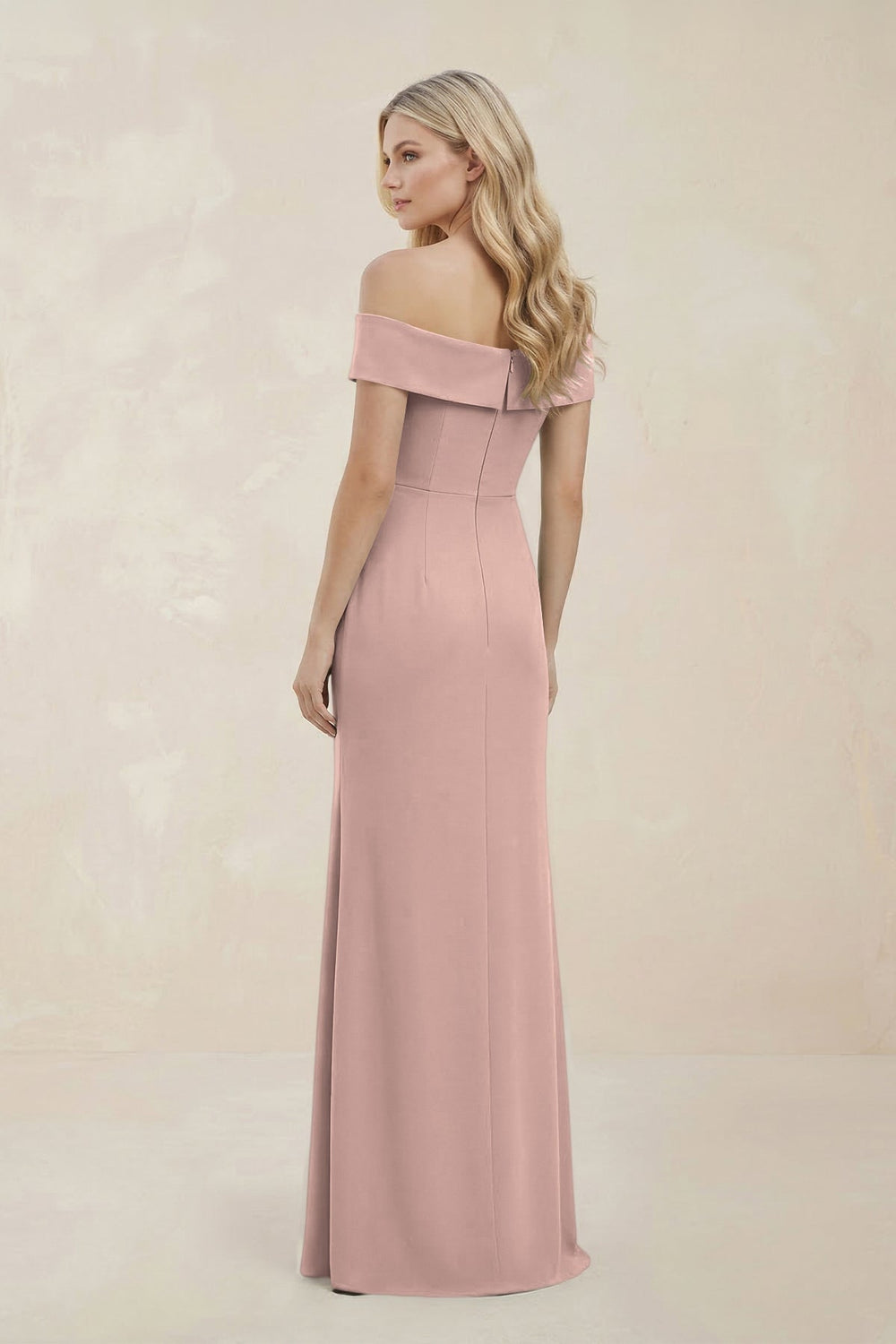 Off - the - Shoulder Satin Sheath Bridesmaid Dress With Slit in Dusty Rose - SHE IS ME Bridesmaid Dresses