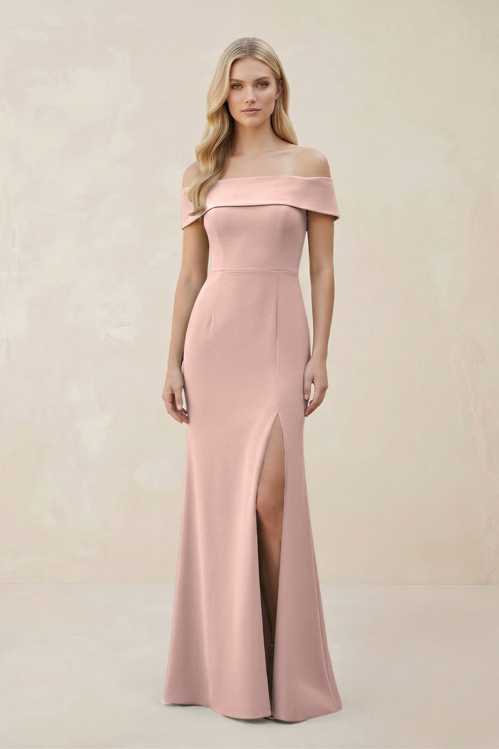 Off - the - Shoulder Satin Sheath Bridesmaid Dress With Slit in Dusty Rose - SHE IS ME Bridesmaid Dresses